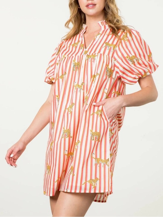 THML Dresses & Skirts - THML Stripe/Cheetah Print Puff Sleeve Dress SZ S EUC